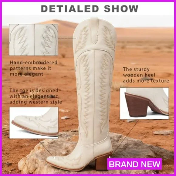 Over The Knee Cowboy Boots Chunky Heel Slip On Zipper Square Toe Western Fashion - Picture 4 of 7